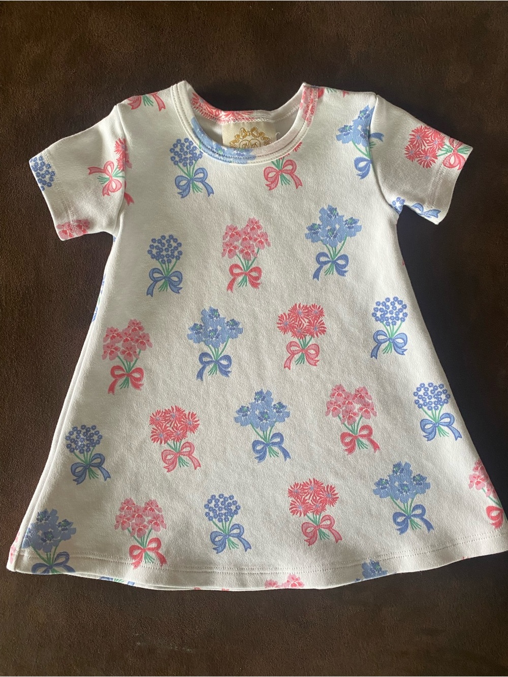 NWOT Girls' White Short-Sleeve Pajama Dress with Pink & Blue Floral Bows